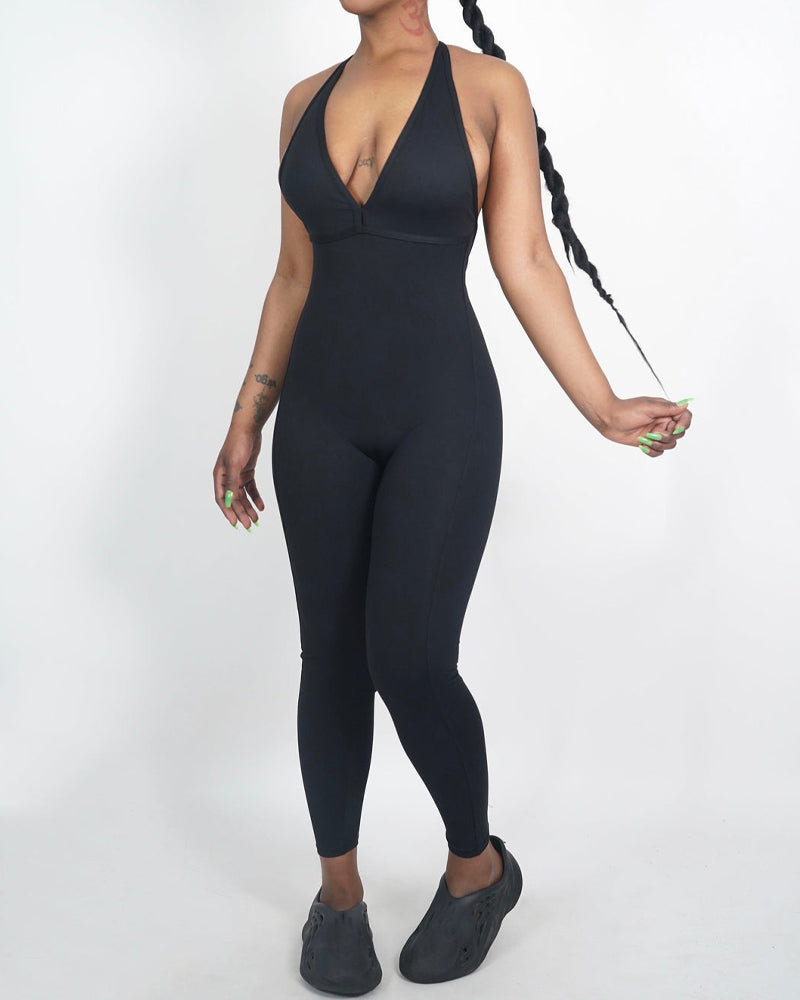 Rückenfreies Fitnessstudio Ärmellos Langer Strampler Beiläufige Halter Jumpsuits