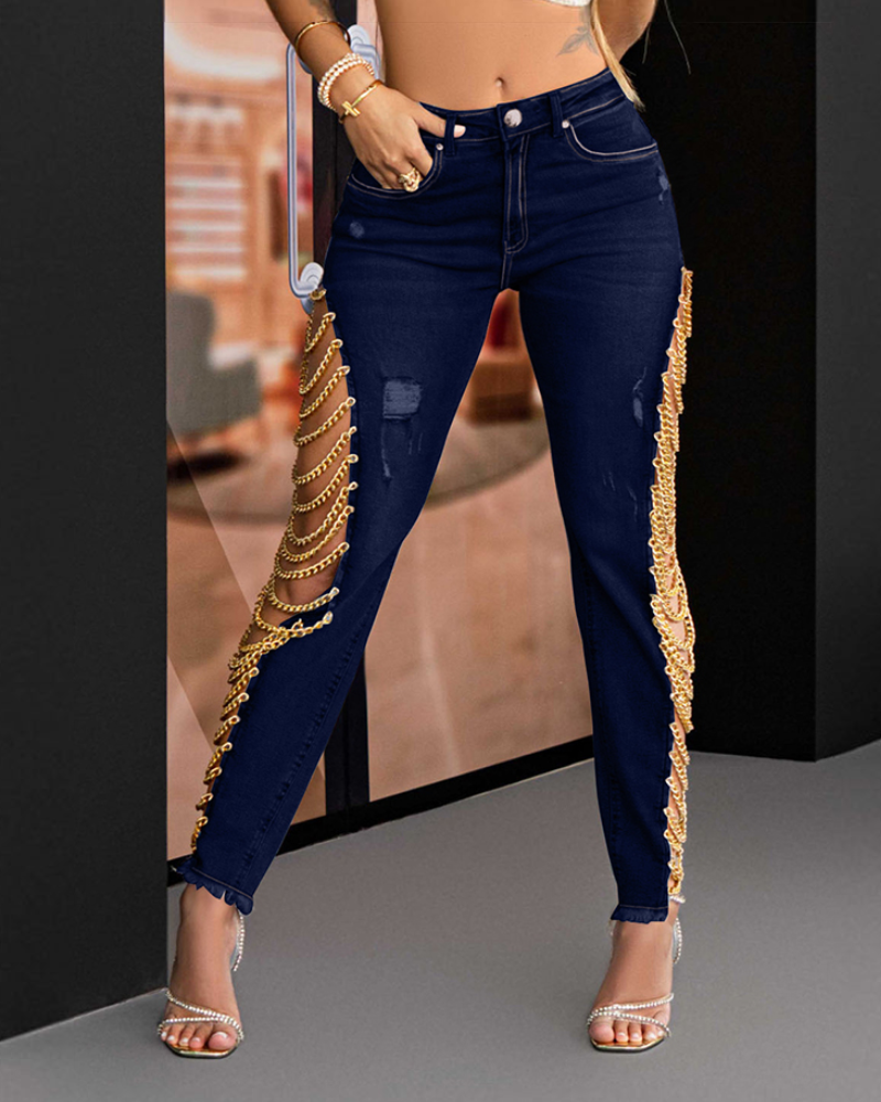 Damen Denim Jeans mit hohem Bund zerstört trendige Kette roh