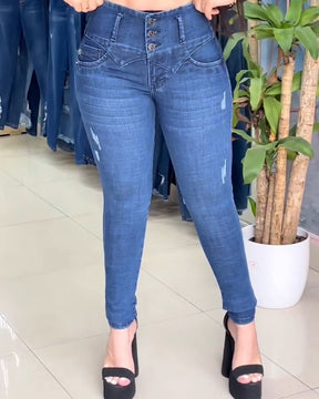 High Rise Skinny Stretch Jeans With Hook And Eyes Inside