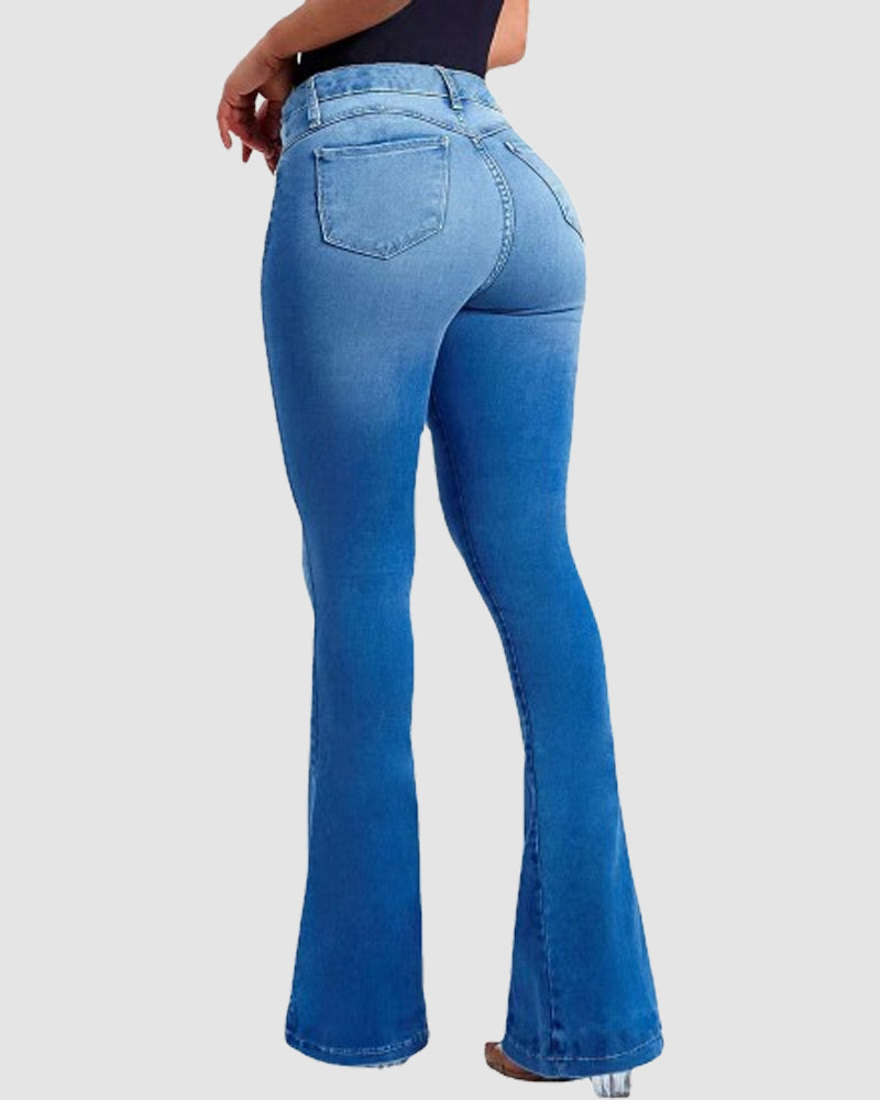 Damen Hoher Taille Ausgestelltem Slim Stretch Trend Jeans