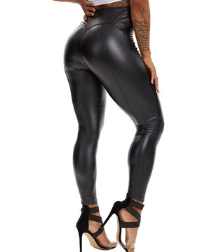 Damen Leder Booty Shaping hohe Taille Elastisch Schmal Leggings Hose