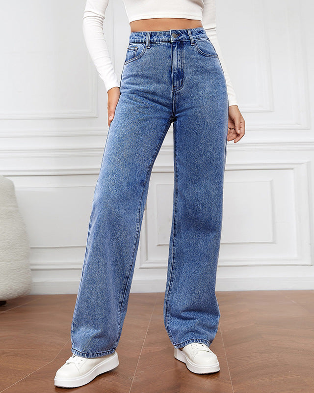 Damen Hoher Taille Reißverschluss Fliege Geradem Bein Baggy Jeans