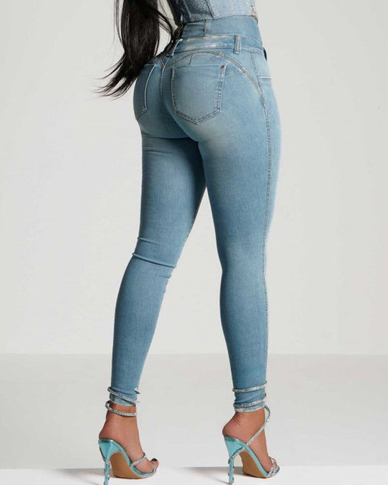 Hoch Taillierte Skinny Jeans Reißverschluss hinten Leggings