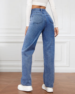 Damen Hoher Taille Reißverschluss Fliege Geradem Bein Baggy Jeans