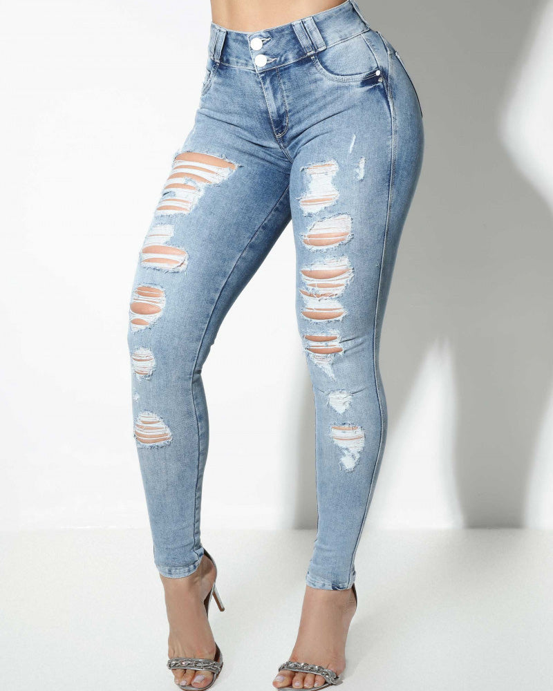 Damen Hoch Taillierte Zerrissene Röhren Jeans